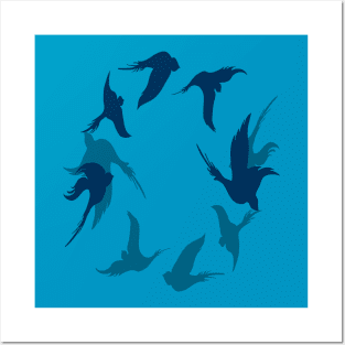 Swallows In Flight Stylized Silhouette Art Aqua Blue Posters and Art